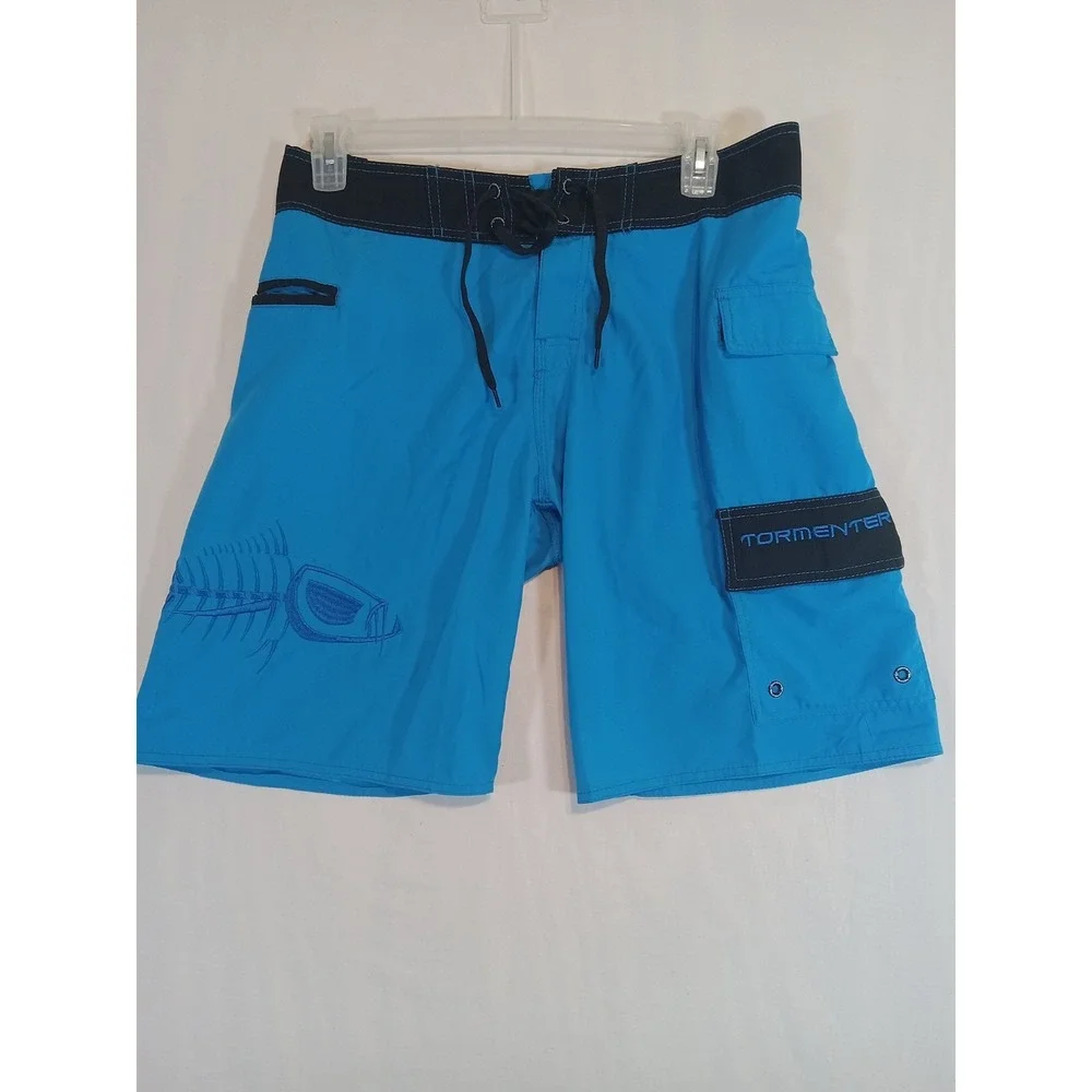 Tormenter Fishbone Board Shorts Men's 32 Blue Cargo Swim Trunks Surfing Vacation